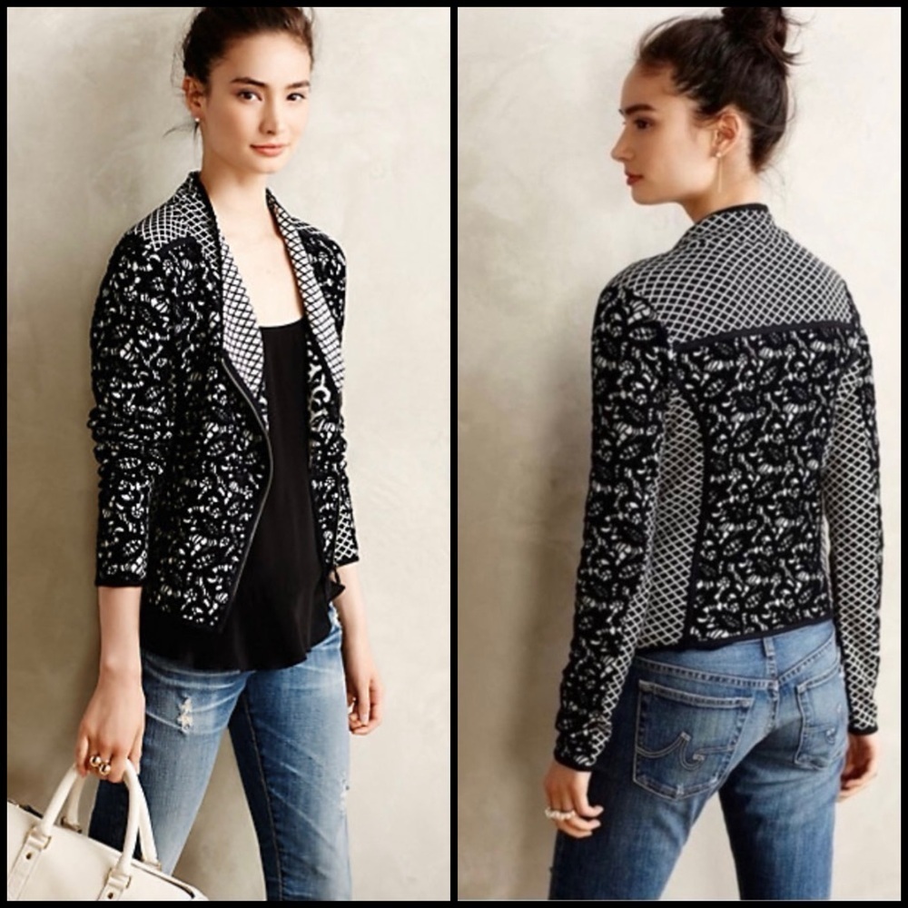Anthropologie Moth Size S Black Jacquard Asymmetrical Moto Zip Lace Jacket
